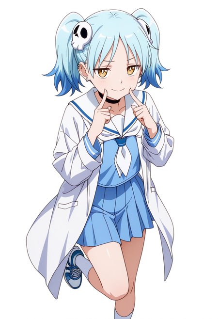 masterpiece,high quality details, absurdres,
 <lora:Izutsumi_Marín:0.8>
izutsumi_cnr, 1girl, blue hair,yellow eyes, multicolored hair,  skull hair ornament, twintails, black choker,ear piercing,
white sailor collar, blue serafuku, blue shirt,blue skirt,labcoat, white socks, sneakers,, simple background, white background, front view,solo,, fingersmile,pensive,, x3,, ultra realistic, high detailed skin,