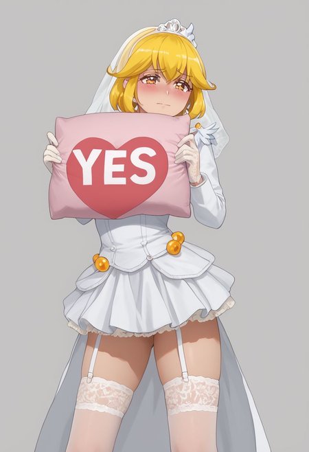 rating_all, score_10, score_8_up, score_7_up, best quality, masterpiece,   shiny skin,
<lora:curepeace.pony:1>,
curepeace, yellow hair, from below,looking at view,ruanyi0634, bridal veil,choker,garter belt,hair flower, yellow lace gloves, yellow lace-trimmed legwear,see-through,long sleeves,, Seen from the side,blush, embarrassed ,
 yes-pillow, yes-no pillow heart, pink pillow, pillow<lora:yes-no_pillow:1>