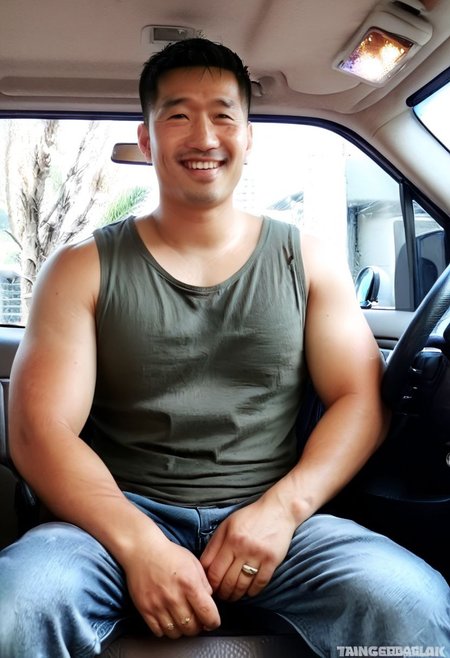 (((htkangface))), daddy,  natural face expression, (((detailed HtKangface))), fixed htKangface Photorealistic, realistic, masterpiece, intricate details, detailed background, depth of field, photo of a handsome, dynamic pose, natural face expression, high detail, high quality, male focus,  ((pants)), (((in car))), ((covered nipples)), ((driving car)), (((daddy smile))), ((sitting)), ((tank top)), ((solo)), arms up, ((ring)), hairy armpits,, ((showing muscles)), showing offf