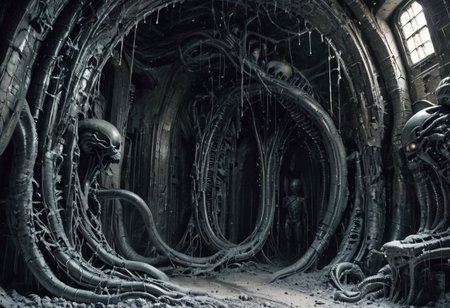 birthing room, cold, destitute, highly detailed, abandoned factory, enormous, metallic walls echo with the haunting hum of machinery long silenced, nightmares of cosmic gods, elongated limbs write with pulsating veins, translucent skin pulled tight over skull, cryogenic eggs laqurered in obsidian, network of luminescent tendrils, eyes multifaceted, unblinking, conveyor belt snakes through as eggs the size of a small car, are pushed out, gigantic, slick shiny black and grey, epic, collosus, megalomania, a grotesque nasty nightmarish queen, ventilator, forced to birth, giving birth to hundreds of grotesque beings, drones, scuttering, epic, mass of flesh, transparent eggs, veiny membrane, two scientists taking observing, taking note, tentacles, transparent slime, breathing tubes, skip clip:773, energy leech, tiny scientists are observing taking notes, latched on eggs with embryo, style of H. R. Giger, 
Highly detailed. FRESHIDEAS Sci-fi scenes, realistic, obscene, unappealing, hellish, gross, vats of flesh bubbling, unimaginable, scary, disgusted, cosmic horror, neonnightmare, crying, melting, giant skeletal skulls ofalien origin embedded in the rock face, metalic, cold, religious horror, color graded cinematic, eye catchlights, atmospheric lighting, macro shot, skin pores, imperfections