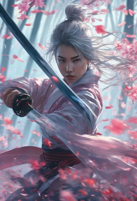 Sword Sakura, 1girl,  ninja, vampire, tan,weapon, solo, sword, sash,  determined, ponytail, short hair, silver hair, ribbon, katana, lips, looking at viewer, wind, blurry, long hair, long sleeves, nature,
<lora:Sword_Sakura:0.8>,