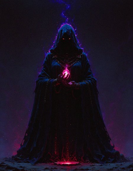 masterpiece, best quality, amazing quality, <lora:DarkFantasy_v3_Buns:0.55>, Soulbinder, dark hooded cloak, spectral chains, glowing soul stones, eerie aura, masterpiece, best quality, amazing quality