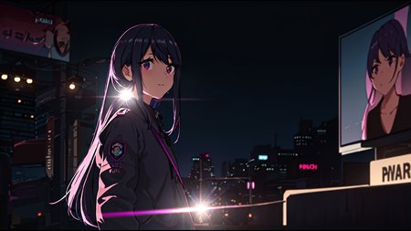masterpiece, high quality, bloom,depth of field, soft light,lens flare,close up,beautiful face,candid,cyberpunk, neon light,solo,potrait at center,eye glowing,city,shaded face, street lamp,billboard,holding face,1girl,blush,purple lighting,blue lighting,dark place, <lora:shimaRinYuruCamp_v10:1>,shima rin,bomber jacket,