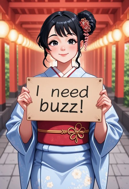japanese girl, beautiful, black hair, hair bun, kimono, smile,  need_buzz, holding sign