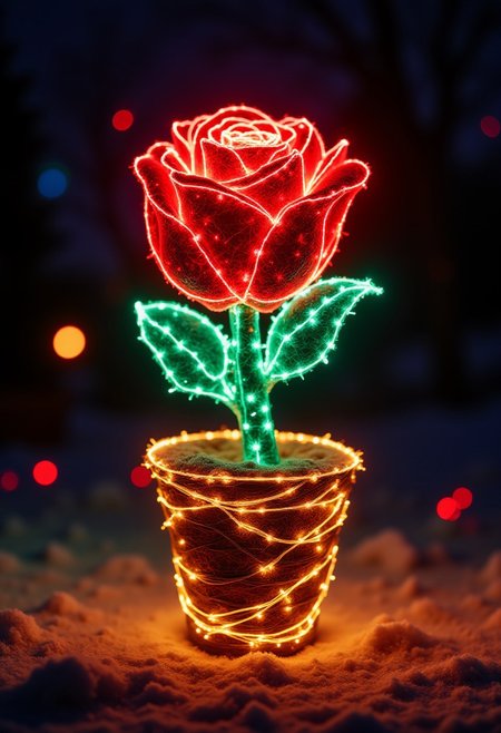 xmas lights, a rose made of Christmas lights in a festive flower pot