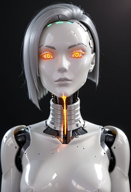 A 35mm photo of a beautiful broken robotic woman, she has a faceless robotic head, robot, silver hair, smooth dark grey metallic featureless feminine body, sparks coming from her broken neck
no face