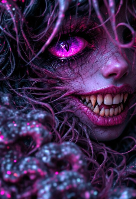 close up of a face, breathtaking Audrey Kawasaki style of  a beautiful female corrupted chaos (slaanesh daemonette:1.2), (close up:1.2),dark allure,  ,pink and purple themes, big devils smile with many sharp demonic teeth,
highly detailed dreamy background
detailed skin texture, subsurface scattering  award-winning, professional, highly detailed . dreamlike, mysterious, provocative, symbolic, intricate, detailed