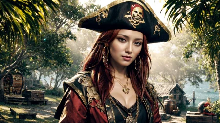 (young redhead pirate woman), (portrait), sharp focus, (ultradetailed), (standing), (happy) smile, pirate (ship galleon:1.2,  hoop earrings, gold medallion, Medium Dark Redpirate clothes, pirate hat, hips, (pirate parrot:1.2),  pirate (village), leafy beach coast, (treasure chest with coins, gems and jewels:1.2), rum barrel, best quality masterpiece,  bright sunny sky, backlight, natural lights, high contrast, hdr, shadows, pretty, beautiful, feminine, sexy, adorable, lovely, in love, (PirateDiffusionprt:0.5),  <lora:Pirate:0.3>  PrateT  <lora:PirateRealms:0.3> <lora:Detail Tweaker LoRA add_detail:0.8> <lora:depth_of_field_slider_v1:5> <lora:SDXLrender_v2.0:0.9>