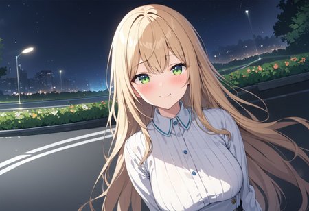 (extremely detailed CG unity 4k wallpaper),(masterpiece),(best quality),(ultra-detailed),(best illustration),(best shadow),(absurdres),(detailed background), (high res image), (High image quality),(Wide angle), (wide shot),
1girl, solo, 
Smiling, blushing,
long hair, breasts, 
Blonde hair, Green eyes,
A cute white dress
medium breasts, 
In a park with a night view.