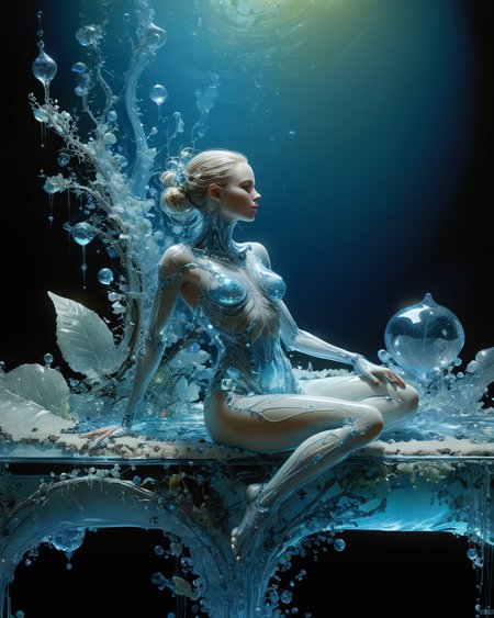 hauntingly beautiful bioengineered female anthropomorphic water elemental lounging on a dais, organic bioluminescent patterns, partially opaque, full body, crystals, hyperrealistic, ultra resolution, professional photo, John Berkey Style page <lora:add-detail-xl:1.0>  <lora:xl_more_art-full_v1:0.4>   <lora:John Berkey Style:0.4>