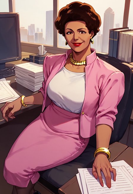 score_9, score_8_up, score_7_up BREAK AmandaWaller, 1girl, dark brown hair, brown skin, brown eyes, red lipstick, gold earrings, gold necklace, left wrist gold bracelet, open pink suit jacket, white undershirt, pink skirt, black high-heeled shoes, mature woman, sitting inside dark office, dark office, smiling at viewer, solo, solo focus, female focus,