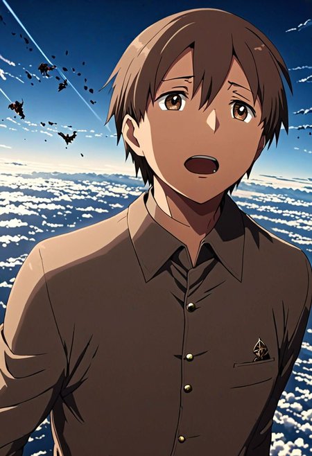 high resolution, solo, best quality, 1Boy, Takaki Toono, Brownish Hair, Brown Eyes, free fall, sky , OverallDetail