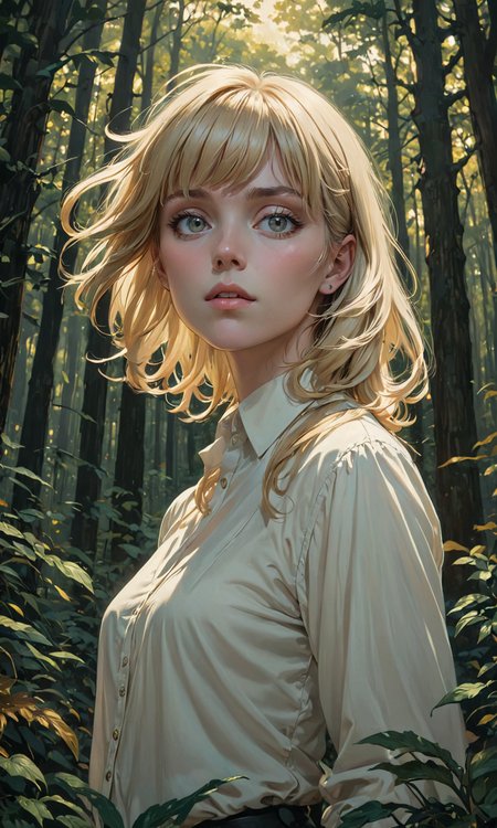 The most beautiful androgynous person ever, blonde hair with bangs alone, wearing a white shirt in a dark green and gold forest at dusk by Artgerm and Greg Rutkowski and Alphonse Mucha and Craig Mullins, James Jean, Andrey Ryabovichev, Mark Simonetti and Peter Morbacher 16k resolution. Realistic artwork with <lora:Fast:0.15>