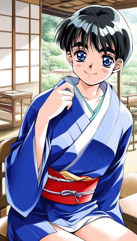 score_9, score_8_up, score_7_up, source_anime, rating_explicit, BREAK <lora:Shinohara_Izumi_XL:1>Shinohara_Izumi, black hair, blue eyes, short hair, bangs, small breasts, 
 solo, japanese clothes, 1girl, 1990s (style), kimono, smile,  indoors, looking at viewer, table, chair, sitting, long sleeves