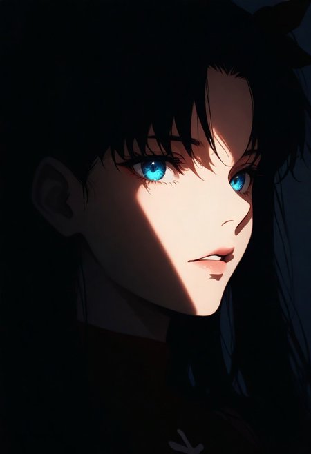 1girl, tohsaka rin, solo, dark, light, the light illuminates part of the face, masterpiece, best quality, very aesthetic, close up,  parted lips