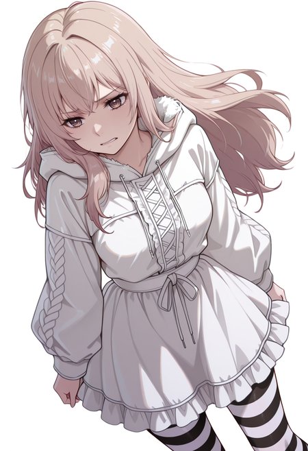 masterpiece,high quality details, absurdres,
 <lora:Kazusa_Ootori_V2:0.8> kazusa_cnr, 1girl, light brown hair, long hair, brown eyes,, simple background, white background, dynamic angle,solo,, grimace,sad,, parka,frilled shirt,wrap skirt,  ,striped pantyhose,