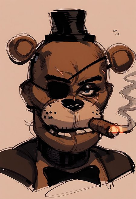 , close up portrait, (smoking :1.1) (cigar:1.1), scar over eye, , tired, (eyepatch:1.1), simple pencil sketch, spot color,  bodysuit , yoji_shinkawa, score_8_up, score_7_up, score_6_up, freddy