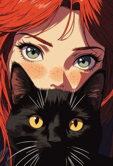girl 18 yearsd old, with freckles, cute,  her face partly covered by a black cat's face. The girl has light green eyes, while the cat's large, golden eyes stare outwards. The lighting creates a soft, painterly effect, blending the features of the girl and the cat together. The cat’s dark fur contrasts against the girl's pale complexion and her red hair, creating a sense of surreal connection between the two. The overall tone is calm yet slightly mysterious, evoking a dreamlike atmosphere.
Photorealistic, 8k, deep shadows,