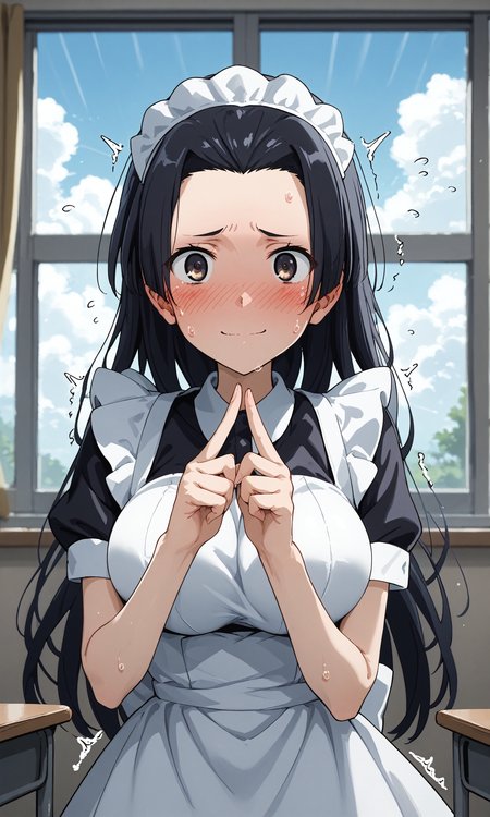 score_9,score_8_up,score_7_up,source_anime,masterpiece,best quality,perfect anatomy,very aesthetic,absurdres BREAK
<lora:TestLV12:1>,test,large breasts,long hair,(forehead:0.7),looking at viewer,light smile,maid,enmaided,<lora:fidgeting:0.8>,index_fingers_together,embarrassed,full-face_blush,f1dg3tingXL,fidgeting,nervous,shy,trembling,motion_lines,sweat,window,cloudy sky,short sleeves,classroom,
