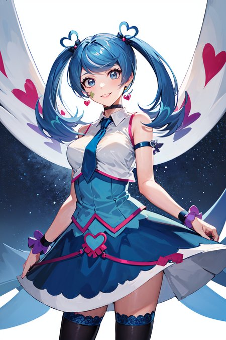 masterpiece, best quality, highres, heart hair ornament, ba1, 1girl, solo, jewelry, necktie, skirt, sleeveless, blue necktie, choker, breasts, black thighhighs, shirt, dress, blue skirt, skirt_ornament, wings, four-leaf clover_facial_tattoo, <lora:blue_angel_v1:0.7>, standing, cowboy shot, smile,