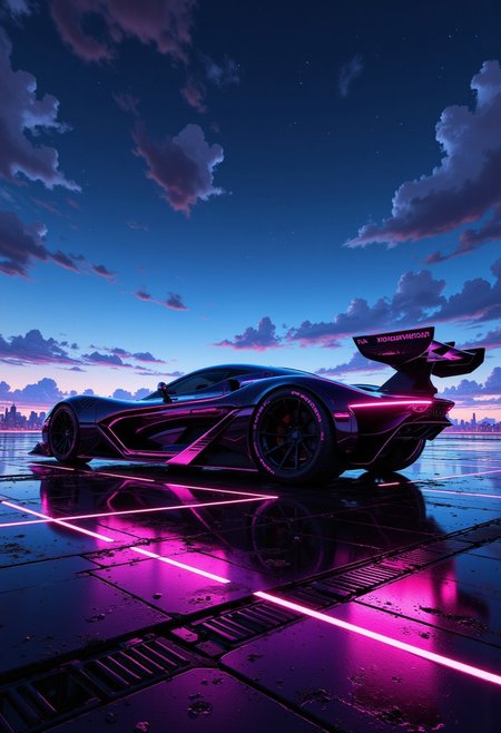 lineart, masterpiece, high-quality, A sleek racing hovercraft parked on the edge of a neon-lit platform, its angular design catching streaks of light from the city below, The faint glow of the horizon enhances its futuristic aerodynamic silhouette, futuristic design, reflective surfaces, glowing accents, dynamic lighting, (elaborate fine details:1.1), (hyperdetailed:1.1), (intricate details:1.0), (Refined details:1.1), (best quality:1.1), (high resolution:1.2),,