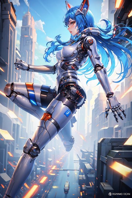 masterpiece, best quality,  <lora:Blue Robot Girl:0.7> merophe(mxm), YUKO(pixiv), robot girl, mechanical boots, ball joints, android, blue hair, robot joints, robot ears, volumetric lighting, looking at viewer, portrait, from side, profile, (flying:1.5), blue sky, cyberpunk, motion blur