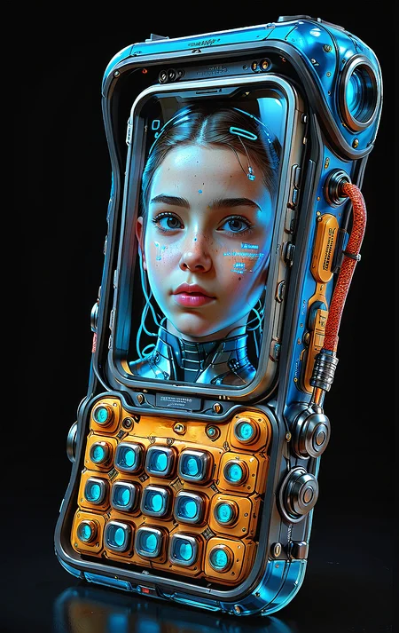 (in ARTIST style:1.4), (masterpiece:1.7), glow blue neon, hyperrealism, glossy, shinny, clear image, accurate picture, clear picture, precise image, focused image,
cute 1girl with (science fiction texture, science fiction skin, science fiction, someplastic, no humans, black background, simple background, phone, still life, cable, screen, cellphone, english text, old style, old phone, device, wearable item) armour, tiny waist,
(masterpiece:1.8), (highest detailed:1.8), (angle:1.8), perfectly lighted, (contrast), (saturated), (((sharp focus))),
(hyperdetailed:1.3), (intricate details:1.2), (Refined details:1.3), (best quality:1.5), highly detailed textures, vibrant colors,
<lora:add-detail-xl:1> (ultra sharp focus:1.8), (detailed skin:1.8), (detailed windows:1.8), (thin lines:1.8), (best quality:1.8),
<lora:Apparatus_-_Traction_City_Walkers_Vehicles:0.7>,
<lora:Someplastic:0.7>,