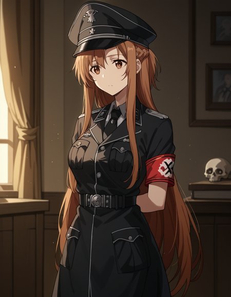 score_9, score_8_up, score_7_up, source_anime, asunayuuki, <lora:asuna-yuuki-s1-ponyxl-lora-nochekaiser:1>, asuna yuuki, long hair, brown hair, brown eyes, medium breasts,, <lora:warden-ponyxl-lora-nochekaiser_r1:1>, skull hat ornament, uniform, military uniform, black uniform, hat, cap, black cap, armband, collared shirt, black necktie,, indoors, hands behind back,, cowboy shot,