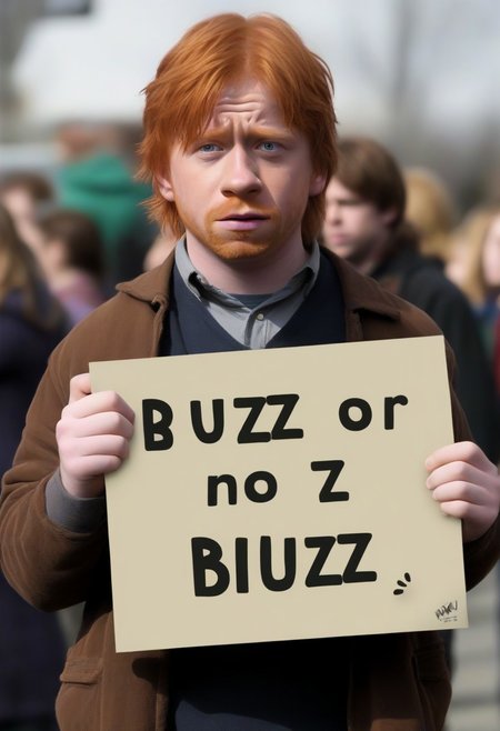 <lora:PE_HoldingSign:0.8> PEHoldingSign, sad face,
Ron weasley holding a sign that says Buzz or Thumbzz