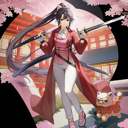 1girl, ascot, black hair, bow, brown eyes, cherry blossoms, closed mouth, fingerless gloves, floating hair, full body, gloves, hair bow, holding, holding sheath, jacket, katana, long hair, long sleeves, looking at viewer, pants, pink footwear, ponytail, red jacket, sheath, sheathed, smile, solo, standing, sword, thigh gap, tight clothes, tight pants, transparent background, weapon, white ascot, white gloves, white pants
