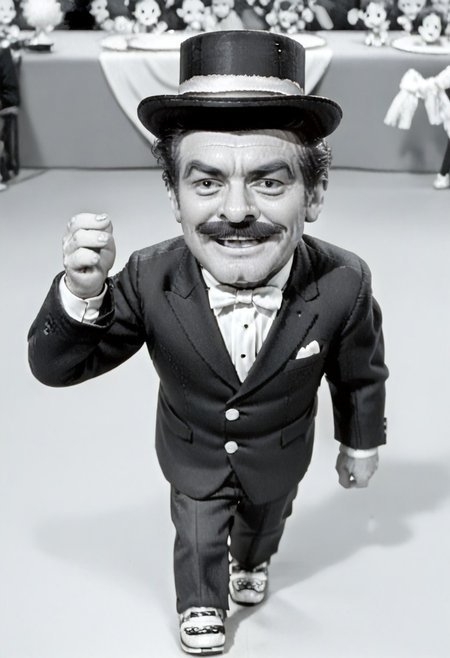 (((black and white, monochrome, greyscale))),((dancing,fully clothed, small man with mustache, top hat, kenbis, chibi, chibi, male only, dancing, male, male chibi, monocle, art deco, thick mustache, comically large mustache, handlebar mustache, tiny, multiple men, shrunk, microxl, some little guys,  high angle, from above)), bwMovies, realistic, photo, vintage photo, ((very small man, small man, a small man, a man who is small, a small man)) suit, an unapologetically small human male, black and white, smiling, very happy, euphoric, ecstatic, wonderful small men, large smile, huge smile