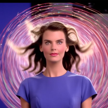 70mm shot on sony analog HDTV camera laserdisc style dorky australian brunette woman in standing in large room with large colourful cubes like television studio wide shot surrounded by swirling colour and sexy smirking at camera with a little wink. background is 1990s japanese beauty scenes exploding televisions electricity in background in a surreal fashion technology moving into her head cables and wires low contrast super sharp imagery