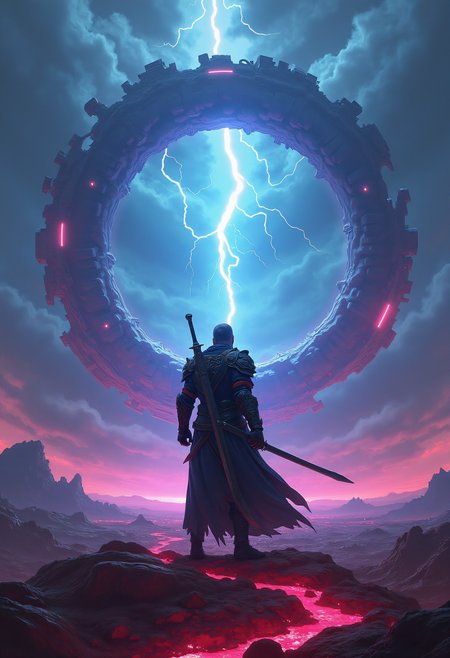 high quality, highly detailed, colorful, abstract, fantasy, fantasy background, The image is a digital illustration of a warrior standing in the middle of a vast landscape. The warrior is wearing a black armor with intricate designs and patterns, and is holding a sword in his right hand. He is standing in front of a large circular structure that appears to be made up of multiple curved lines and shapes. The structure is glowing blue and purple, with a white lightning bolt in the center. The sky is filled with dark clouds, and the ground below is covered in red and pink lights. The overall mood of the image is ominous and mysterious., Circular Fisheye Lens, camera angle is knee level shot, split diopter, Fujifilm X-T30 II Mirrorless Camera, spotlit<lora:FLUX\Enhancer\New Fantasy CoreV2.safetensors:0.8:0.8> <lora:FLUX\Style\ral-lva-flux.safetensors:0.6:0.6>