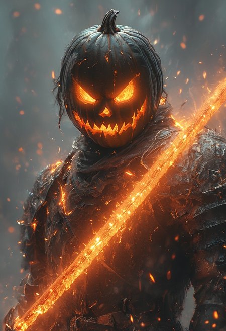 WLOP art style, look at the audience, (Pumpkin Jack), (pumpkin head with glowing eyes), wearing knight armor and holding a sword, Head up and chest out, Smoke and lightning behind, (((lightning light))), ((Exploding lightning behind)), Commoner clothes, cloth girdle, rag scarf, rag clothes, shoulder armor, arm armor, eye light, sharpness,  cinematic foootage, (full body), intricate details,8k post production, faithful, Religious denomination,colorful cinematic, red black fire tone