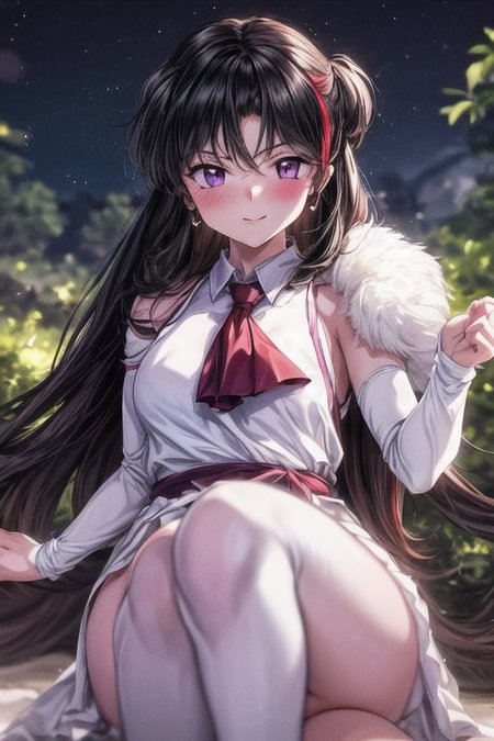 masterpiece,  best quality 1girl Setsun4 solo long hair,  (night time) forest background black hair very long hair purple eyes multicolored hair armor (fur trim) (medium body),<lora:EMS-179-EMS:0.800000>,<lora:EMS-293862-EMS:0.800000> bow, hair_bow, hair_tubes, red_bow, brown_hair, long_hair, bangs, ascot, frilled_bow, yellow_ascot, blush, smile, hair_between_eyes, athletic