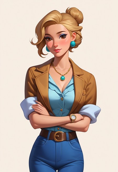score_9, score_8_up, score_7_up, mercasg, BREAK 1girl, woman, young, solo, pretty, sad, upset, medium breasts, blonde hair, ((single bun on back of head:1.2)), bob cut, bob haircut, medium hair, brown eyes, light brown lipstick, makeup, ((earrings with blue feathers)), ((boho necklace with brown lace and blue cabochon:1.2)), denim vest with copper buttons, white shirt with loose sleeves rolled up to the elbow under jacket, brown unbuttoned T-shirt tucked into denim blue trousers under T-shirt, black waist belt with a gold buckle, ((a watch on the left hand with a brown strap)), (bracelets on the right hand), BREAK hands down, ((left hand holding right hand)), standing, cowboy shot, semi-sideways, half-sideways, looking down, BREAK simple background, white background