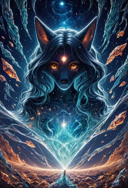 score_9, score_8_up, score_7_up, surreal, imaginative, anthro fox, glass, translucent, female, trapped girl, beautiful eyes, golden eyes,  wavy hair, eye focus, glowing, cosmic sky, nebulas, floating shards, ethereal, crystalline, dreamlike, vibrant, refracting light, aquatic creatures, mystery, wonder, fantasy, elegance, intricate, lush, glowing runes, cosmic expanse, imprisonment, protection, soft details, textures.
