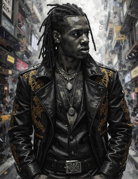 <lora:ck-Ivan-Beslic-Art-Style-000019.safetensors:1> A highly detailed and vibrant digital painting in the style of ck-ib
In the heart of the monochromatic world, the Urban Jester Coat stands as a silent testament to elegance and rebellion. Rendered in shades of black, white, and gray, the coat’s premium black leather takes on a deep, matte finish, its surface catching the light in subtle, stark contrasts. The intricate paisley embroidery, once a burst of gold, now appears as a delicate network of silvery threads, weaving a pattern that seems to dance in the shadows. The deep V-neck cut, revealing a chiseled chest, now emphasizes the interplay of light and shadow, the contours of the wearer’s form defined by the stark gradients.
The man donning the coat is a commanding presence, his muscular build and strong face rendered in a palette of deep grays. His braided dreadlocks, now a cascade of dark, textured strands, frame a face that exudes both strength and mystery. The tattoos on his skin, once vibrant, now appear as intricate etchings, blending seamlessly with the shadows. Multiple layers of necklaces, now silhouetted in silver, add a touch of understated luxury.
The belt, with its striking silver buckle, now serves as a focal point, its polished surface reflecting the ambient light. The coat’s intricate stitching and hardware, once bold and vivid, now create a tapestry of textures and contrasts, each detail standing out in the monochromatic realm. The softly blurred background adds a dreamlike quality, enhancing the coat’s allure and mystique.
This transformation strips away the vibrancy, leaving behind a world that is timeless and enigmatic, where the textures and details of the coat and the man’s presence are elevated to a realm of subtle beauty and profound depth.