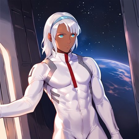 by laserflip, score_9, score_8_up, score_7_up, 1boy, femboy, loran, loran cehack, loran gundam, dark skin, white hair, blue eyes, white hairband, toned, white bodysuit, space, space station, dynamic angle, solo, solo focus,