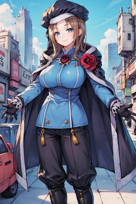 (score_9, score_8_up, score_7_up, score_6_up), source anime, BREAK, ,<lora:Roswell_Branthese:0.65> , RoswDef, 1girl, brown hair, blue eyes, black beret, black cloak, blue uniform, huge breasts, puffy pants, black pants, black gloves, black footwear, rose, smile, closed mouth, looking at viewer, solo, cowboy shot, <lora:zy_Detailed_Backgrounds_v1:0.5> , detailed background, highly detailed,  city, skyscrapers, exterior,  <lora:CyanVanilla:0.55> , cyanbl, sunset atmosphere, cyan shadows,