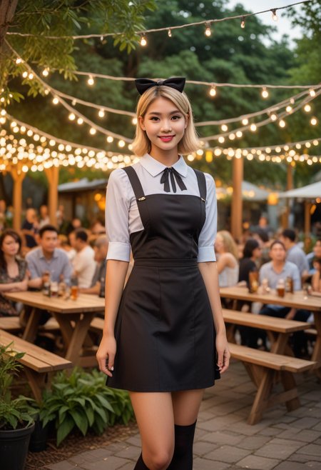 (medium full shot) of (supermodel waitress) young woman, thai, straight hair, brown eyes, light brown skin, tan skin, light brown eyes, willowy build, short blonde hime cut hair, wearing Classic black dress with a white collar, black stockings, black Mary Jane shoes, retro-style headband with a bow, wearing a wristwatch, set in  Beer Garden, Outdoor oasis with picnic tables, strings of fairy lights overhead, lush greenery, a small stage for live music, the sound of laughter drifting on the breeze , at sunset, smiling at the viewer, Masterpiece,best quality, photorealistic, amazing quality, very aesthetic, extremely detailed face,