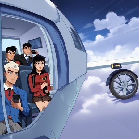 score_9, score_8_up, score_7_up, score_6_up, masterpiece, top-quality, full-color，very detailed, high detailed texture, Clear facial features

Multiple people sat in their seats filming out the window with their phones，(1 girl 3 man)，sit on the seat，Look out of the porthole，Smartphone, (Hold up your smartphone and shoot:1.3)，

lois lane，1girl,long hair，black hair，red suit, pleated skirt, brown skirt,sit down，sit on the seat，Smartphone shooting，<lora:Lois_Lane:0.8>
BREAK
nightwing，1man，black hair，blue eyes，Blue shirt, gray pants，sit down，sit on the seat，Smartphone shooting，<lora:Nightwing:0.6>
BREAK
Jimmy, 1boy，short hair, black hair, black eyes,blue jacket, shirt, jacket, red shirt, long sleeves, pants,sit down，sit on the seat，Smartphone shooting，
<lora:Jimmy:0.7>
BREAK
damian wayne DCAU, 1boy，black hair,  white shirts，black pants, sit down，sit on the seat，Smartphone shooting，<lora:Damian _Wayne_DCAU:0.5>

(In the Clouds:1.3), Floating in Clouds，Near the window of the passenger aircraft