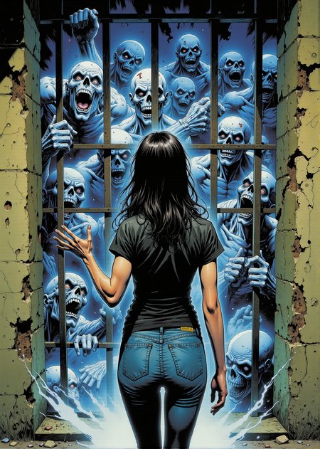 This image presents a tense, eerie scene set in what appears to be a dark, crumbling prison cell. The central character is a young woman with long dark hair, standing cautiously in front of a cell filled with grotesque, ghostly figures. Her body language suggests both surprise and fear as she extends a hand toward the cell, while her wide eyes and parted lips reflect a mix of curiosity and trepidation. She is dressed casually in a fitted black t-shirt and blue jeans, with the lighting casting soft highlights on her skin and hair, emphasizing her human vulnerability in the face of the supernatural.
Behind the cold, iron bars of the cell, a collection of horrifying, spectral prisoners stretches toward her, their ghoulish forms glowing with an eerie blue light. Their skeletal hands grip the bars, some with desperation, others with malevolence. Their faces are twisted with rage and torment, with decaying skin, hollow eyes, and wide, gaping mouths that seem to be frozen in eternal screams. The ghostly glow surrounding them contrasts sharply with the gritty, worn-down surroundings of the cell, casting long, ominous shadows on the cracked walls.
The figures are ethereal, with some appearing to blend into the mist that swirls around the base of the cell. Their bodies are semi-translucent, suggesting they are spirits or undead beings trapped in this nightmarish prison. The numbers tattooed on their ghostly skin hint at their former lives as prisoners, now transformed into wretched souls haunting the jail.
The environment is claustrophobic, with chipped stone walls and a metal bed frame barely visible in the corner, adding to the bleak, oppressive atmosphere. The scene is lit with a harsh contrast between the cold, spectral blue of the undead and the muted, earthy tones of the prison itself, heightening the feeling of dread and the supernatural danger that looms.
The overall art style is highly detailed, with clean, precise lines and vibrant shading. The combination of realistic textures on the woman's clothing and the glowing, translucent quality of the spirits creates a vivid, dramatic contrast, immersing the viewer in this chilling confrontation between the living and the dead. <lora:Comic book V2:1.34> Comic book style.   <lora:wow_details:0.6>