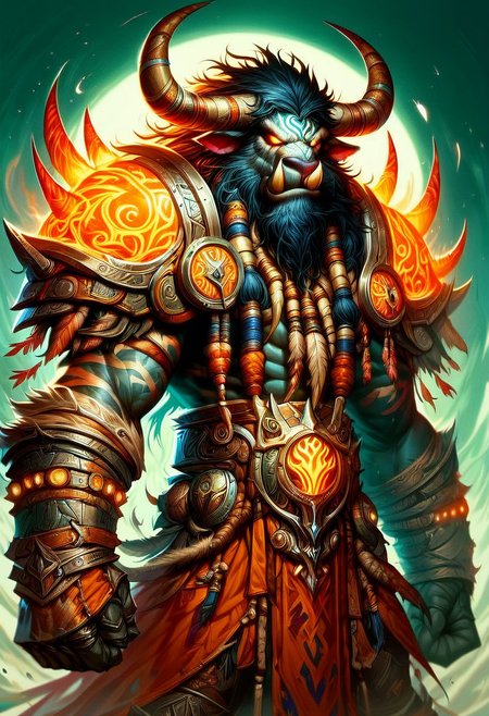 score_9, score_8_up, score_7_up, a tauren shaman male, metal armor, Flashfire glowing runes blue and green,