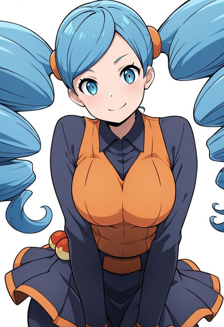 masterpiece, best quality, solo, curvy, beautiful eyes, girl, solo, smile, looking at viewer, dynamic pose, from below, (fisheye), foreshortening, close up,  (leaning forward, eye focus, anime screenshot, 
(upper body), white background,
zzAceBW, blue hair, blue eyes, drill hair, orange vest, belt, skirt, scrunchie,
