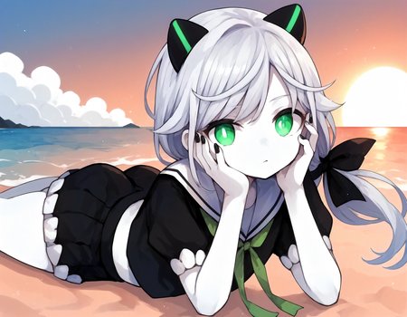 score_9,score_8_up,score_7_up,source_anime,1girl,lying,on stomach,ocean,beach,sunset,dynamic lighting,
looking at viewer,daze,hands on own face,<lora:destroyerforestprincess_ponyXLV6:0.8>,asdfpr,
white skin,white hair,long hair,low ponytail,green eyes,tareme,
horns,black hair bow,black serafuku,puffy short sleeves,black nails,black skirt