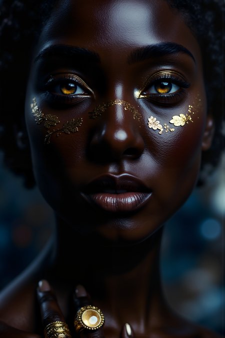 A hyper-realistic close-up of a woman with eyes made of pure liquid gold, their surface smooth and reflective, catching the light with an otherworldly shimmer. Her skin is a deep, velvety black, so flawless that it almost absorbs the light around her, creating a striking contrast with her glowing eyes. Delicate gold leaf patterns are etched into her cheeks and forehead, shimmering softly with each movement. The background is a blurred, abstract swirl of deep blues and purples, creating a dreamy, celestial atmosphere. Realistic highlights emphasize the liquid quality of her eyes, with subtle reflections on their glossy surface. Her lips are a soft, muted gold, glossy and perfectly shaped, catching the light with subtle reflections. One hand, adorned with intricate golden rings, rests gracefully on her shoulder, the metal gleaming against the dark velvet of her skin.<lora:aidmaMJ6.1-FLUX-V0.1:0.6><lora:Movie_Portrait><lora:Flux DetailerV2>