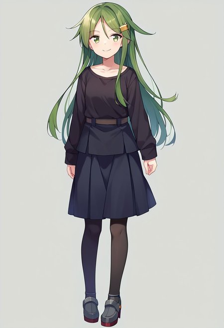 score_9, score_8, score_7, source_anime, nagatsuki (kancolle), pantyhose, standing, closed mouth, smile, black shirt, full body, collarbone, black skirt