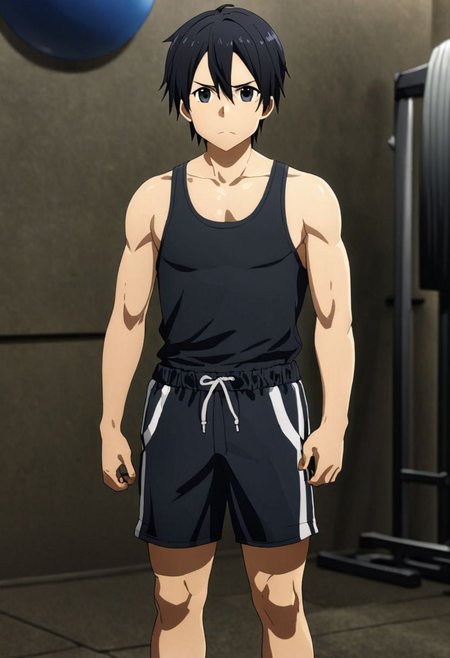 high resolution, professional photography, best quality, 1Boy, Kirigaya Kazuto, Black Hair, Black Eyes, overalldetail, Gym Boy, tank top, shorts, exercise, gym