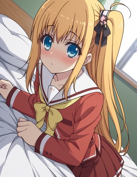 score_9, score_8_up, score_7_up, source_anime,
yusakurobane, <lora:yusa-kurobane-s1-ponyxl-lora-nochekaiser:1>,
yusa kurobane, long hair, blue eyes, blonde hair, hair ornament, ribbon, hair ribbon, one side up, side ponytail,
school uniform, serafuku, long sleeves, red blazer, red skirt, pleated skirt, white sailor collar,
indoors, bed, bed room, on side, blush, drunk,
looking at viewer, cowboy shot, solo, dutch angle,